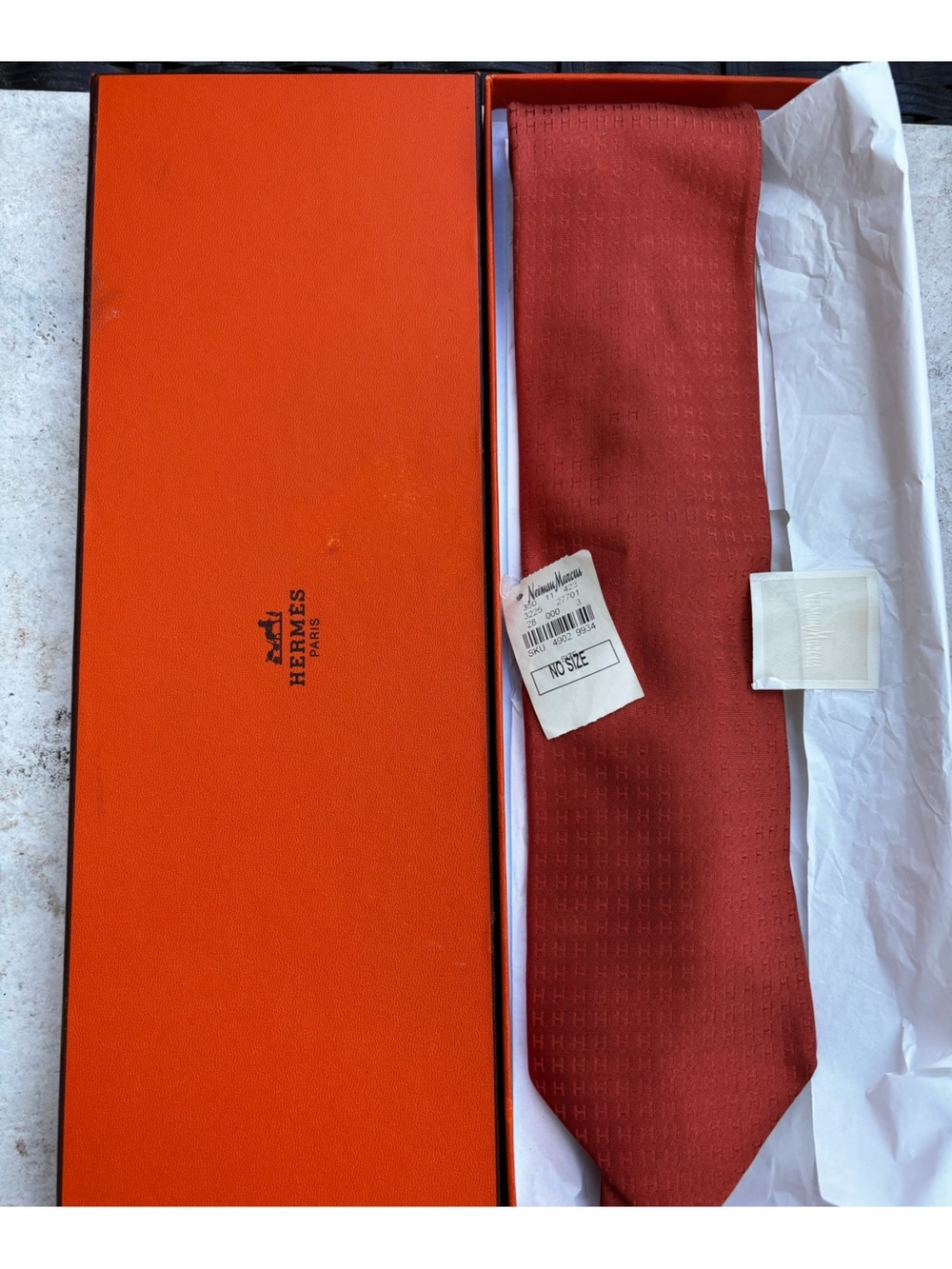 Hermes Neiman Marcus Burnt Orange Silk Tie with Woven H Motif